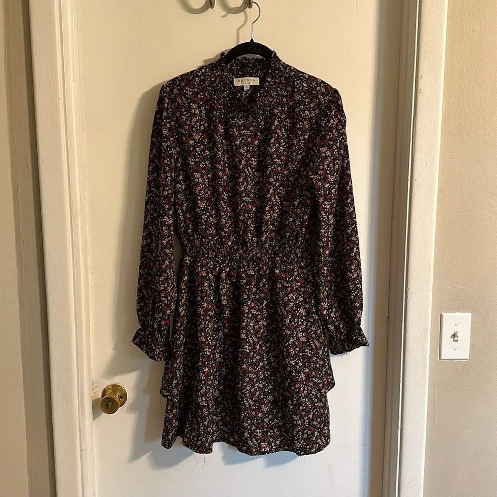 Hayden Long Sleeve Floral Mini Dress in Black